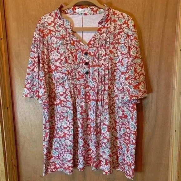 HOCOSIT Women's Floral Print Short Ruffle Sleeve Pleated Front V Neck - Picture 1 of 15